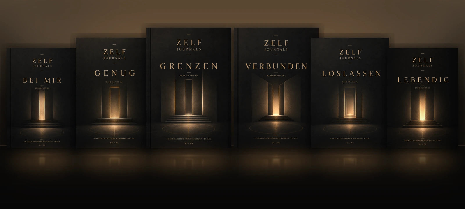 Die sechs ZELF JOURNALS mit den finalen dunklen Architektur-Covern
